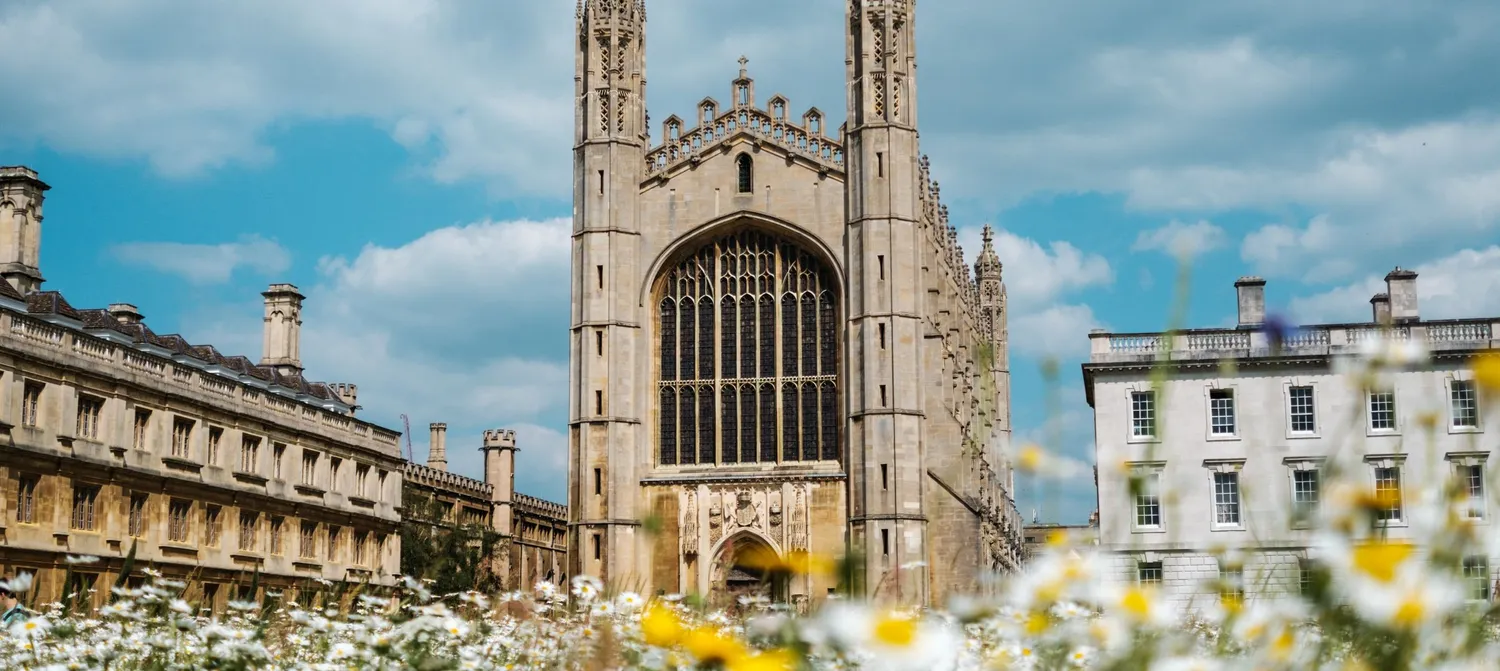 Kings College Chapel through the flowers in Cambridge